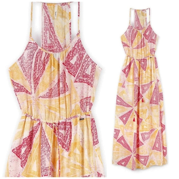 Pepe Jeans London Pink Yellow Geometric Tied Waist Maxi Dress - Picture 10 of 10